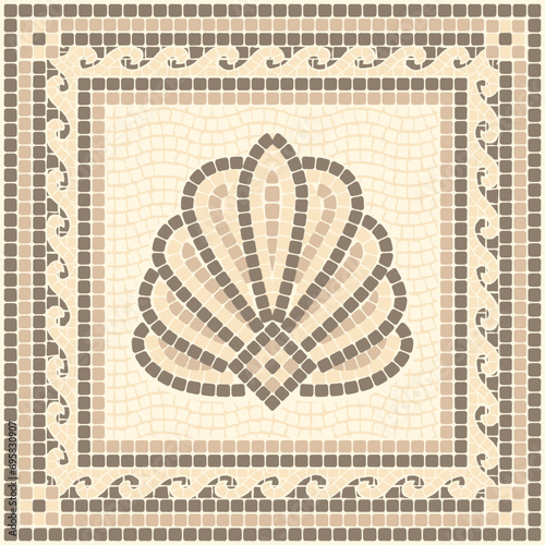 Vector mosaic ornament with shell in brown and beige colors. For ceramics, tiles, ornaments, backgrounds and other projects.