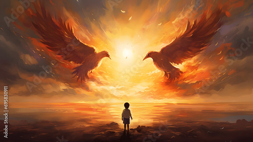 The child looking at the phoenix bird flying photo