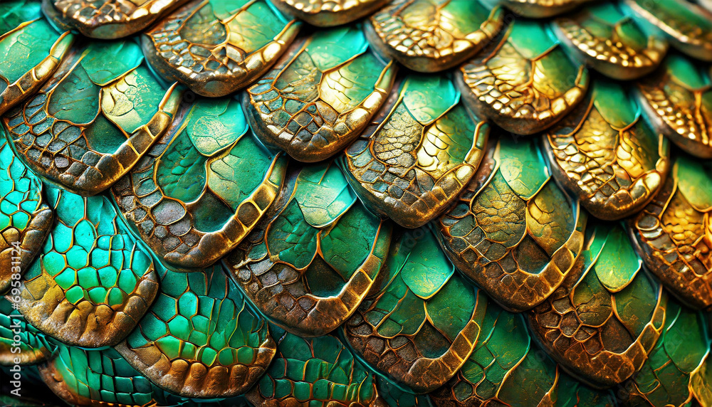 Extreme close-up of the scales of a gold, green and turquoise reptile, dragon, dinosaur, fish or mermaid. Background with copy space.