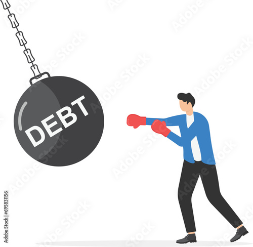 Debt management, fight with debt for financial freedom concept, professional businessman wearing boxing gloves fighting and punching with creditor or loaner huge red boxing glove with text Debt.

