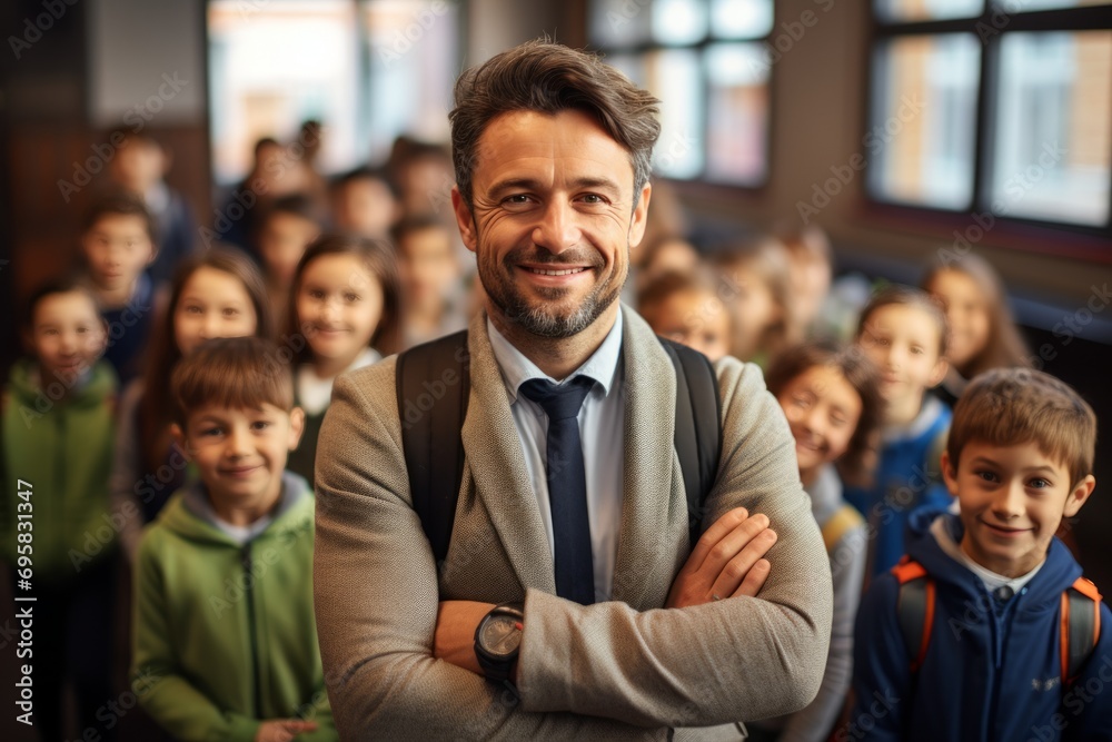 Confident Teacher Leading a Group of Pupils in the Classroom Created With Generative AI Technology Confident Teacher Leading a Group of Pupils in the Classroom Created With Generative AI Technology