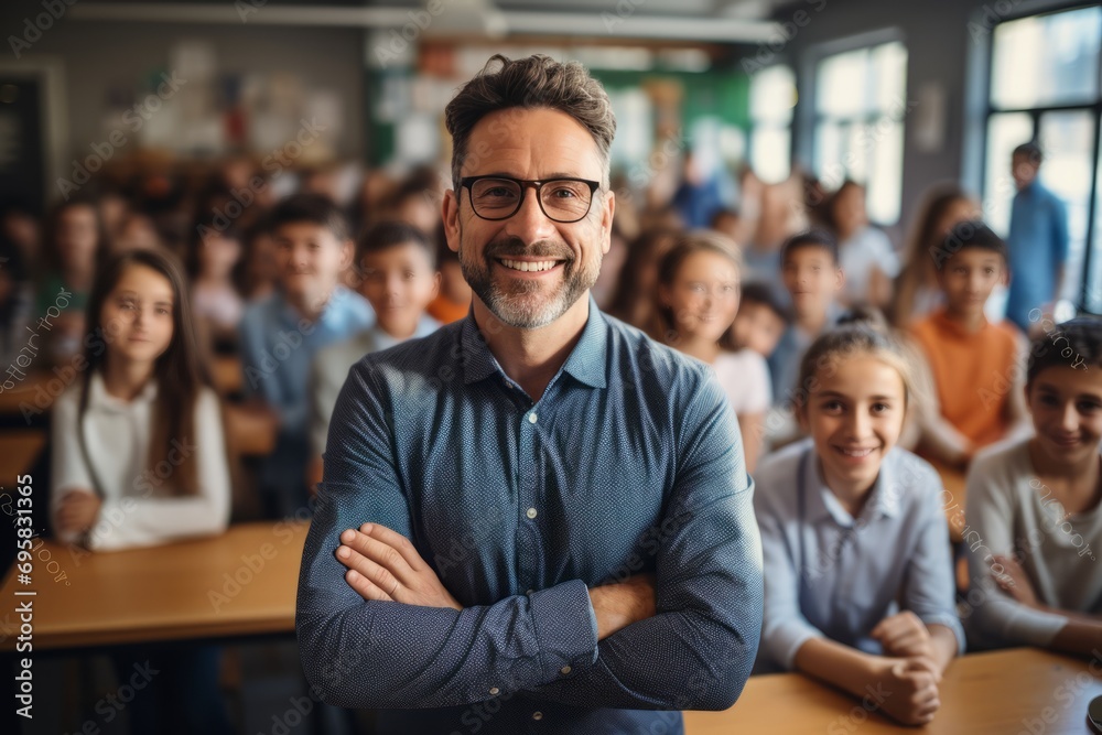Confident Teacher Leading a Group of Pupils in the Classroom Confident Teacher Leading a Group of Pupils in the Classroom