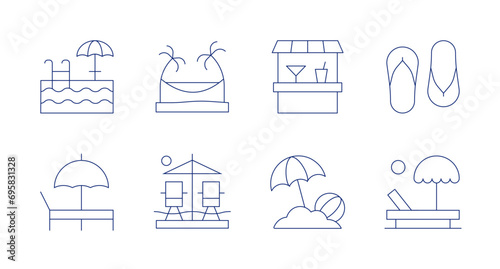 Vacation icons. Editable stroke. Containing swimming pool, hammock, sunbed, beach, beach bar, beach umbrella, flip flops.