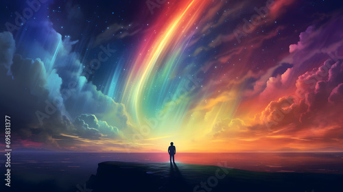 The man looking at a strange rainbow light #695831377