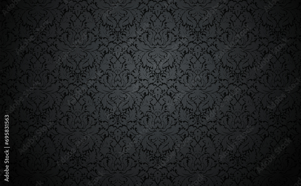 Vector dark damask wallpaper design. Vintage wallpaper pattern with gray floral elements on black. . Elegant luxury texture with pale  subtle tones. - obrazy, fototapety, plakaty 