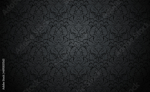 Vector dark damask wallpaper design. Vintage wallpaper pattern with gray floral elements on black. . Elegant luxury texture with pale  subtle tones.