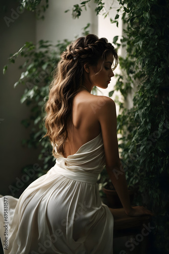 Wallpaper Mural Stylish woman with loose curly hairstyle in a white satin wedding dress surrounded with natural greenery. Minimal modern bridal fashion aesthetic. Torontodigital.ca