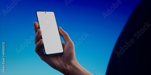 Caucasian man using phone on a vivid blue background, blank screen mockup