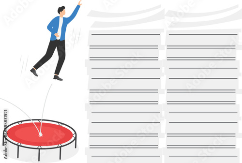 Efficiency or productivity to finish work, manage busy workload or paperwork, project documents or overcome exhausted or challenging concepts, businessman jump pole vault over busy document paper.

