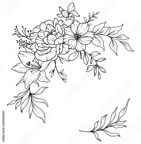 Wildflowers Line Drawing. Black and white Floral Frames. Floral Line Art. Fine Line Wildflowers illustration. Hand Drawn Outline flowers. Botanical Coloring Page. Wedding invitation flowers