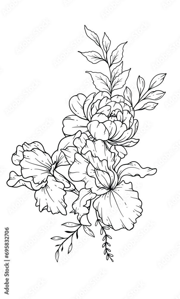 Wildflowers Line Drawing. Black and white Floral Bouquets. Flower Coloring Page. Floral Line Art. Fine Line Wildflowers illustration. Hand Drawn flowers. Botanical Coloring. Wedding invitation flowers