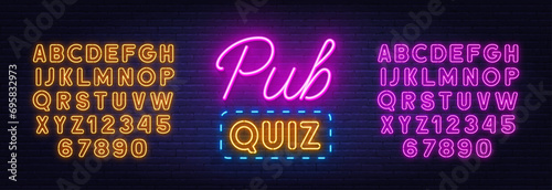 Pub Quiz neon sign on brick wall background