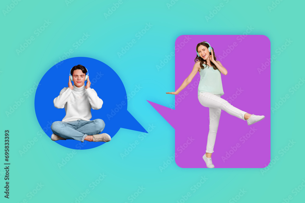Creative collage image poster two lovely happy chill funny young people speak listen talk communication distance banner Creative collage image poster two lovely happy chill funny young people speak listen talk communication distance banner