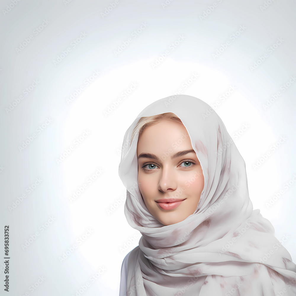 Young beautiful female model wearing hijab or headscarf with flawless healthy skin smiling to camera on white background. Female Muslim model for skin care ads. Female Muslim fashion ads. Young beautiful female model wearing hijab or headscarf with flawless healthy skin smiling to camera on white background. Female Muslim model for skin care ads. Female Muslim fashion ads.