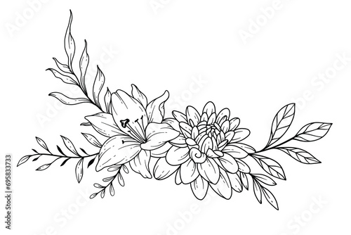 Wildflowers Line Drawing. Black and white Floral Bouquets. Flower Coloring Page. Floral Line Art. Fine Line Wildflowers illustration. Hand Drawn flowers. Botanical Coloring. Wedding invitation flowers