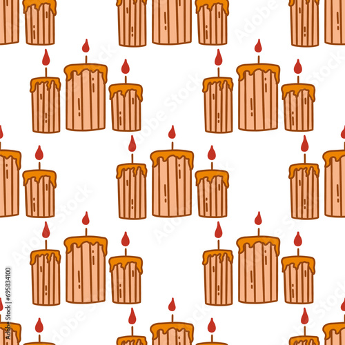 Seamless pattern with burning candles. Wax or paraffin. Colorful vector illustration hand drawn doodle with contour. Home decoration element, Christmas or aromatherapy. Print for wrapping