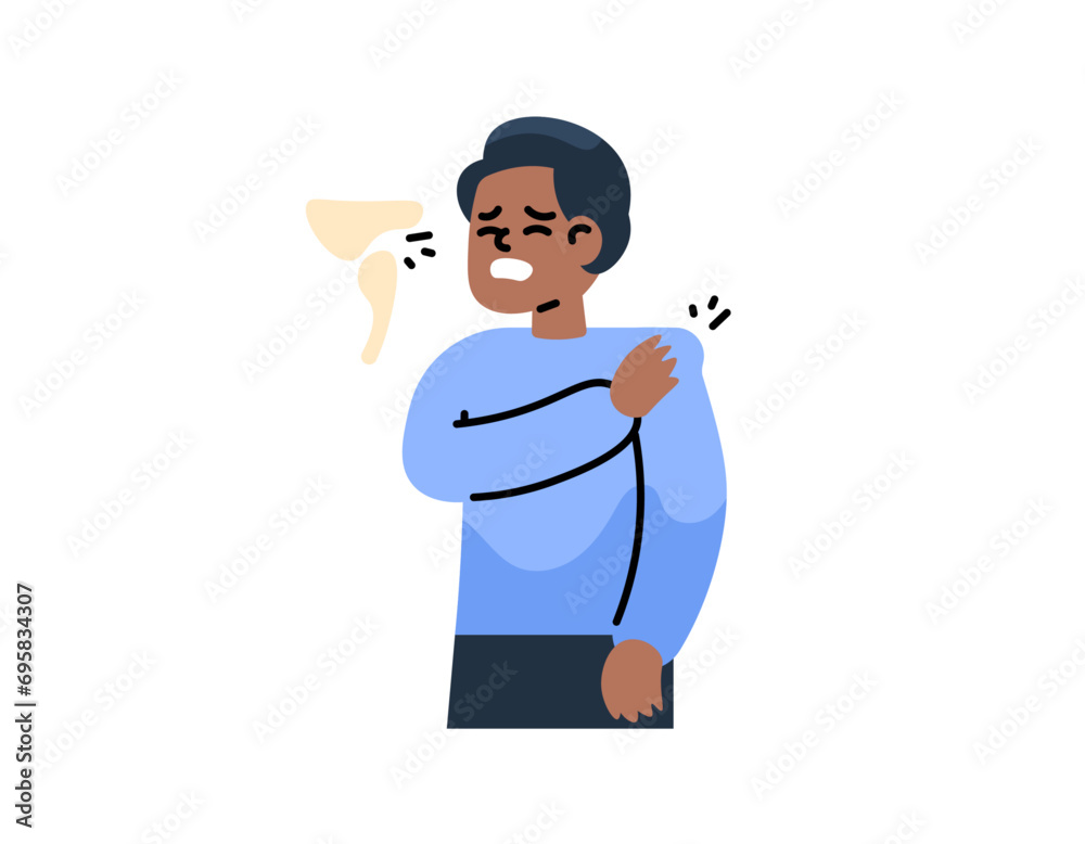 Illustration of a man who has a dislocated shoulder. The upper arm bone shifts or detaches out of the shoulder joint. holding the afternoon shoulder. problems and incidents. Flat and cartoon character