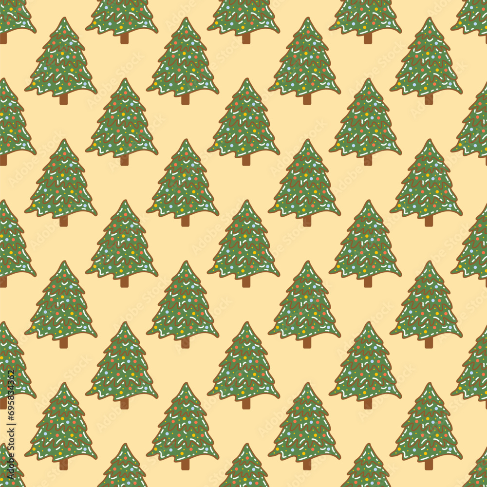 Seamless pattern with Christmas tree decorated with balls. Colorful hand drawn vector illustration doodle. Festive winter holiday season. Print for wrapping or fabric, paper