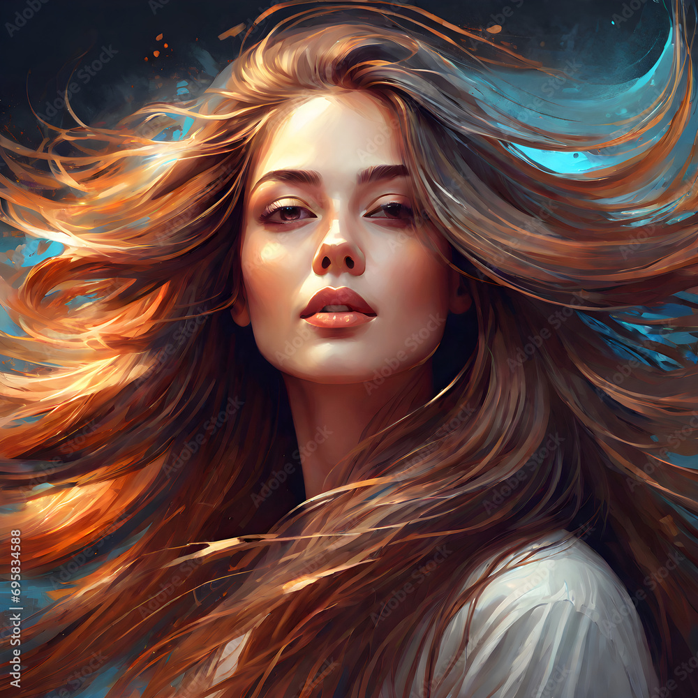 a painting of a woman with flowing hair, stunning digital illustration. ai generative