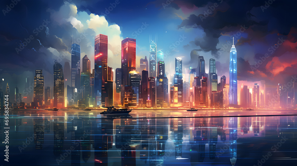 Digital painting of city at night
