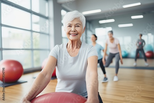 senior smiling woman working out in pilates class