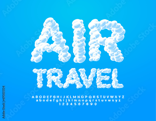 Vector touristic Sign Air Travel. Cloud style Font. Set of creative Alphabet Letters, Numbers and Symbols