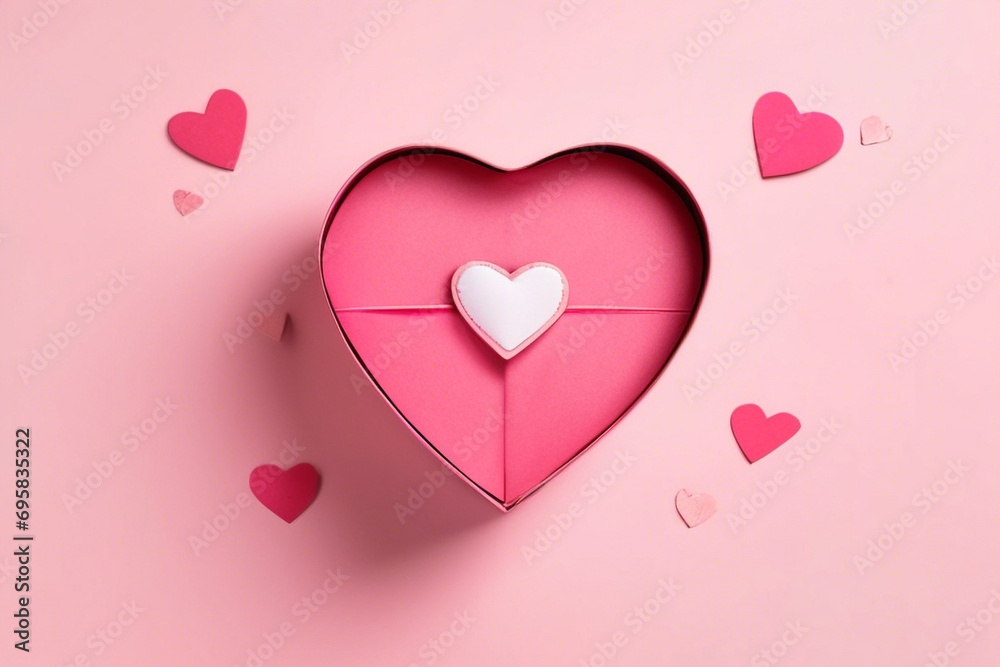 Open gift box with a cute little heart inside on pink background