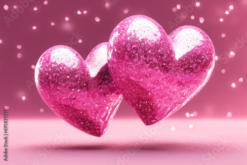 Two pink hearts with nice glittery texture details on empty background