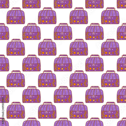 Seamless pattern. Purple box or chest for personal items or jewelry. Hiding place. Moon, star and month are drawn. Magic element. Colorful vector illustration hand drawn doodle. Print for wrapping