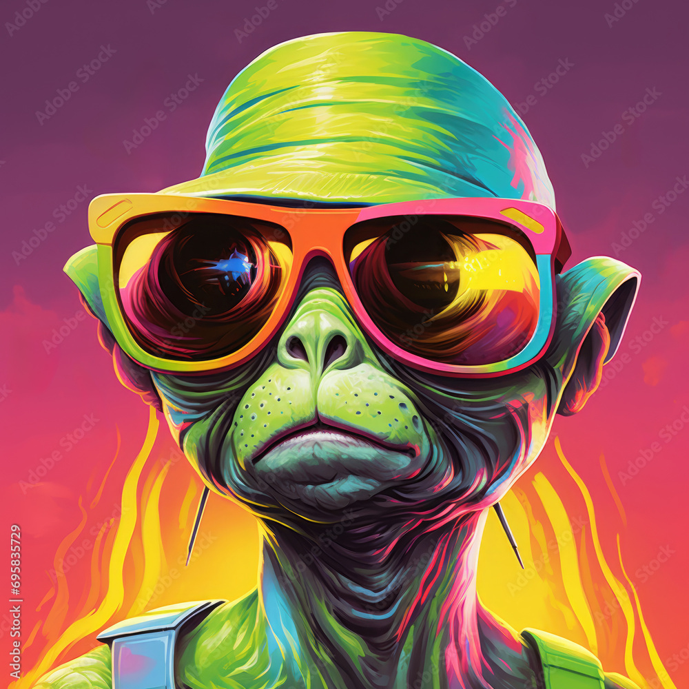 Cartoon alien with big eyes on a colourful otherworldly background Cartoon alien with big eyes on a colourful otherworldly background