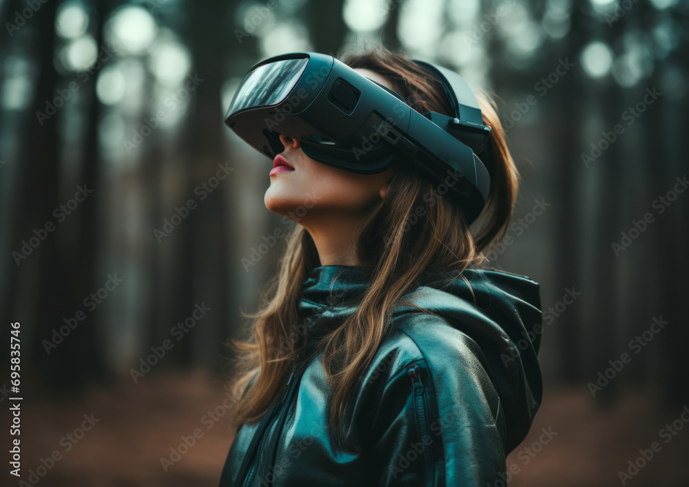 Portrait of young woman wearing virtual reality VR device in outdoor Portrait of young woman wearing virtual reality VR device in outdoor