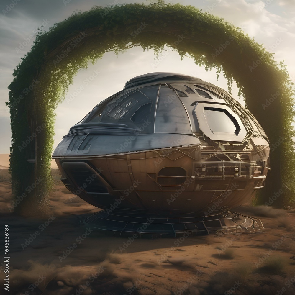 An ancient, abandoned spacecraft entwined with vines, housing enigmatic technology1