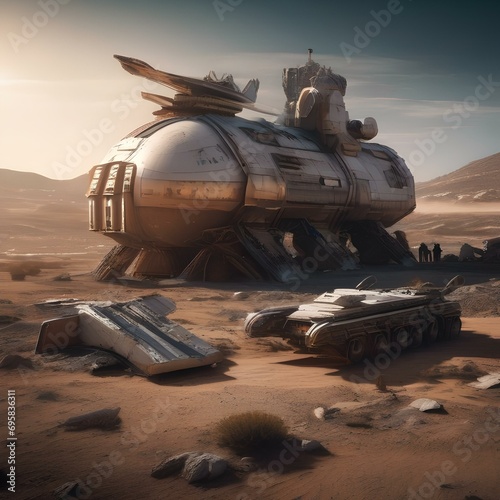 A spacecraft graveyard on a desolate planet, remnants of ancient battles dotting the landscape1