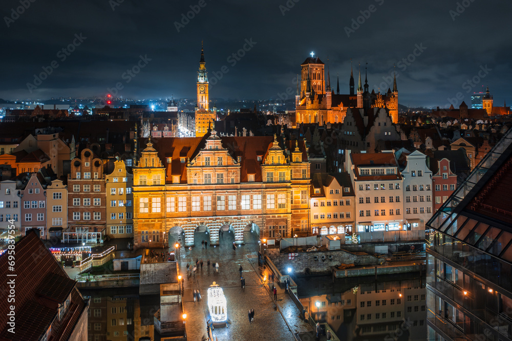 Gdansk, Poland - December 14, 2023: Christmas illuminations on the historic center of Gdansk at night, Poland.