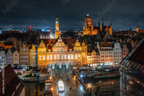 Gdansk, Poland - December 14, 2023: Christmas illuminations on the historic center of Gdansk at night, Poland.