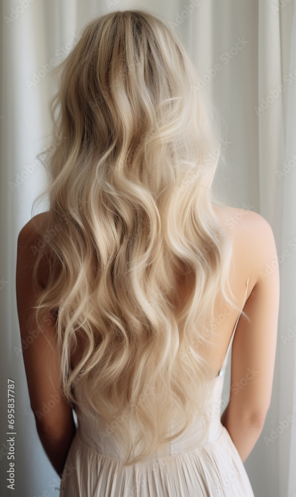 Fototapeta premium Beautiful blond long hair from behind. Blond hair. Ai generated