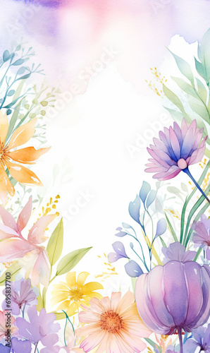 Delicate frame with beautiful watercolor flowers. Spring design. Pastel colors. Ai generated