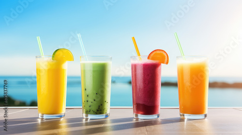 Indulge in the goodness of nutrition and freshness with this photo of colorful juices and smoothies paired with fresh fruits on a sunny day. Ideal for promoting wellness and a balanced diet.