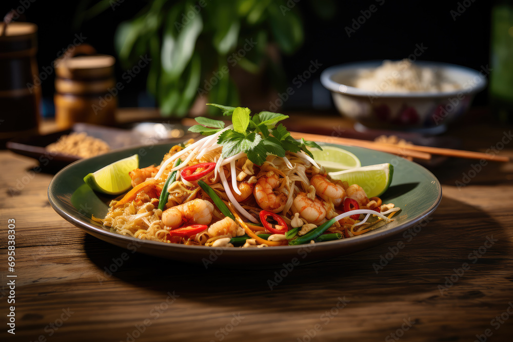 Delve into the world of Thai cuisine with this closeup of Pad Thai - a flavorful stir-fry of noodles, shrimp, and authentic Thai ingredients. Perfect for food lovers and culinary enthusiasts.
