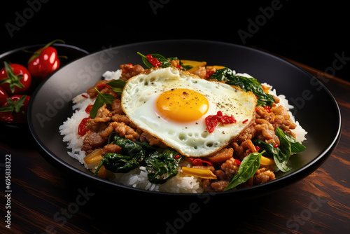 Savor the flavors of Thailand with this delicious Thai-style dish featuring rice, stir-fried pork, and aromatic basil leaves.