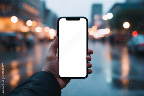 person holding smartphone with black screen mockup in the city