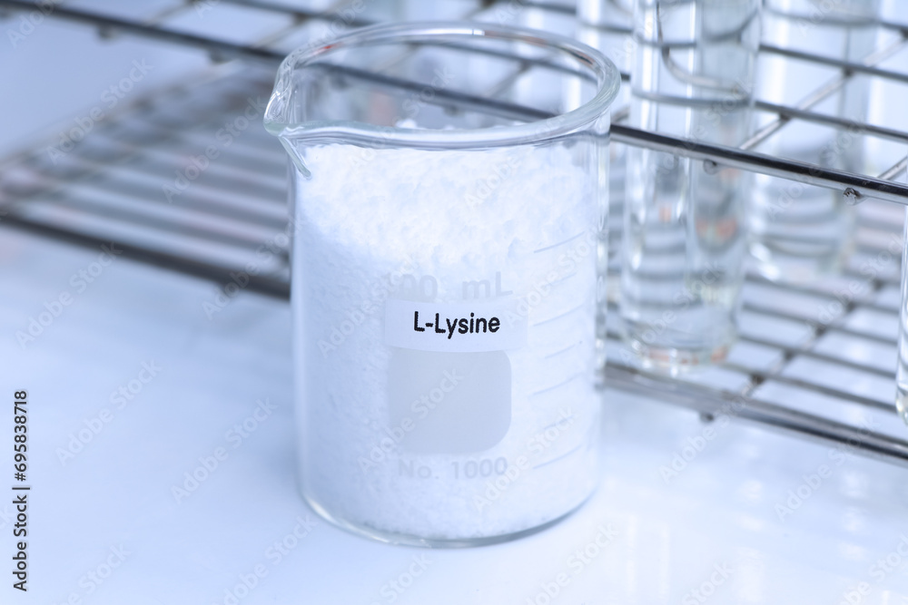 L-Lysine powder in chemical container , chemical in the laboratory and industry