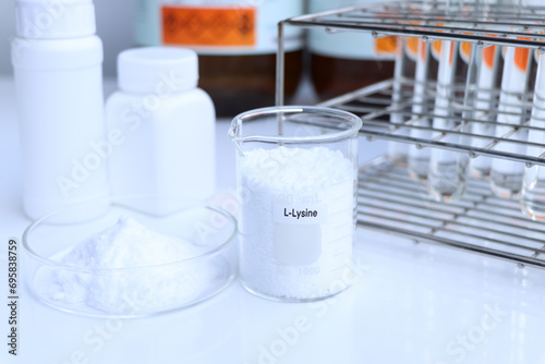 L-Lysine powder in chemical container , chemical in the laboratory and industry photo