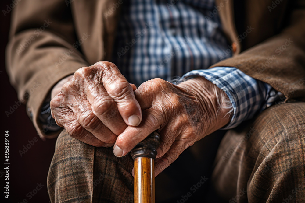 An elderly European man, his hand leaning on a cane for support due to leg pain, reflecting the challenges of aging