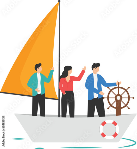 Business teamwork leadership concept. Businessmen working in a team, Group of people rowing a boat together to achieve the same goal and target.

