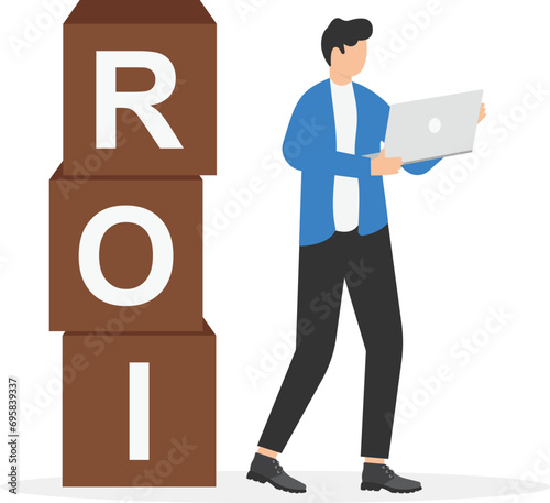 Businessman working on his laptop next to the ROI blocks symbol. Landing page template of business vector illustration.

