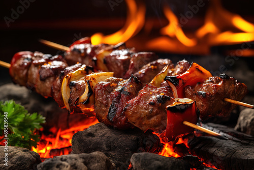 Grilled meat skewers, shish kebab. Juicy and tasty grilled shashlik. Generative AI photo