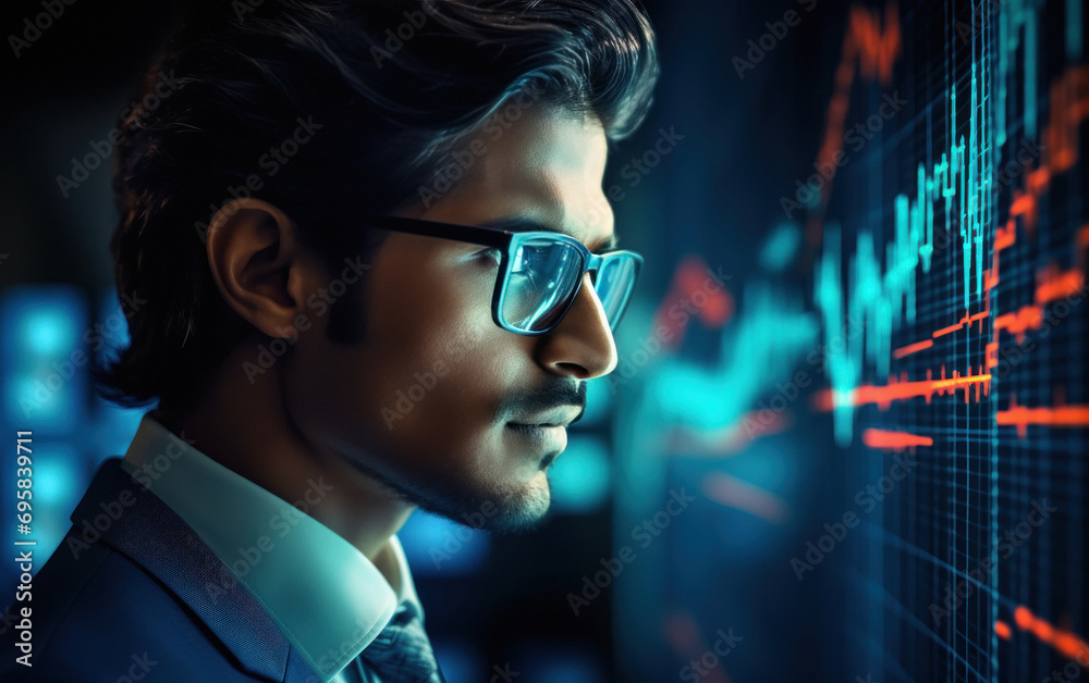 young businessman looking stock market graph screen young businessman looking stock market graph screen
