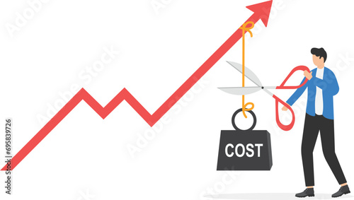 Businessman cut the rope with the cost hanging on a red arrow. Cost reduction, efficiency and optimization concept illustration

