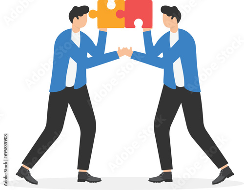 Joint puzzle business partnership agrees to share resources and work together to achieve the same goal, merge or acquisition, cooperation concept, businessman handshake connect growth arrow jigsaw puz photo